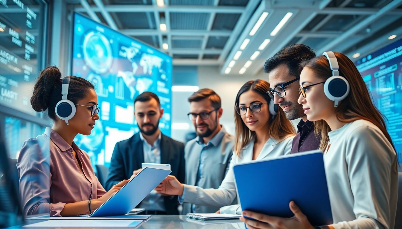 AI agents collaborating in a modern office with digital interfaces and diverse team.