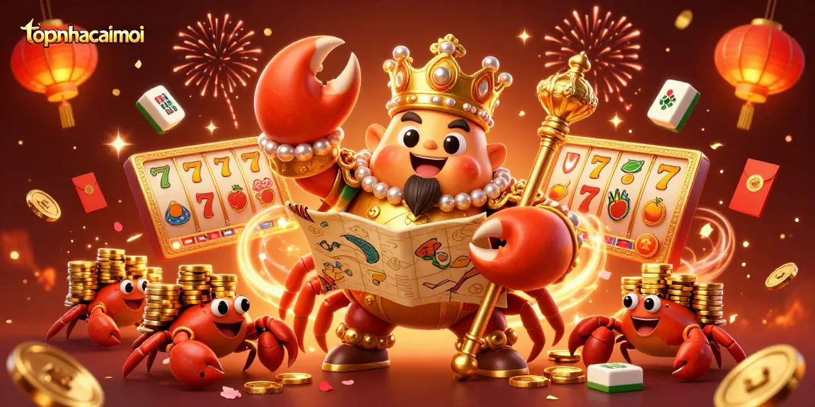 Experience the thrill of topnhacaimoi with a vibrant casino scene featuring a golden crab emperor.