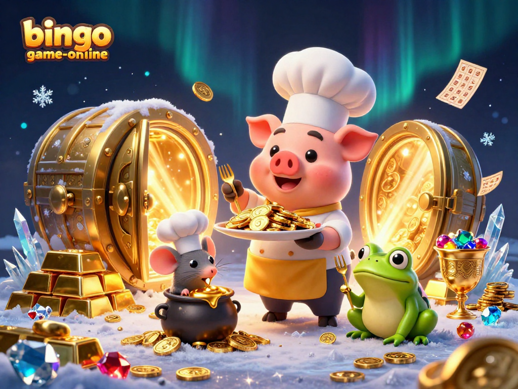 Experience the excitement of bingo-game-online with vibrant 3D characters and gold treasures in a dazzling casino setting.