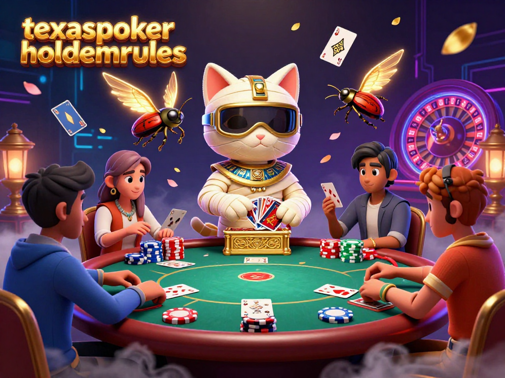 Experience intense gameplay strategies with texaspokerholdemrules, featuring a dynamic poker scene with a mummy cat dealer.