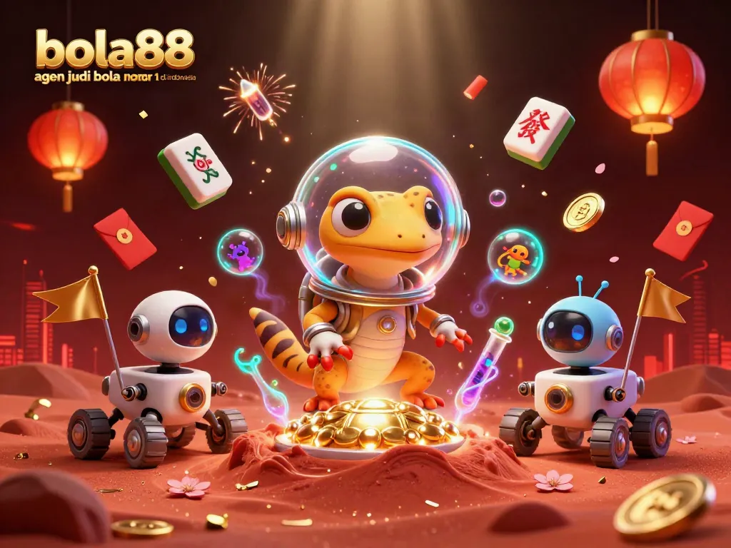 Bola88 agen judi bola nomor 1 di indonesia showcases a vibrant 3D casino scene with Martian gecko and alien cheering.