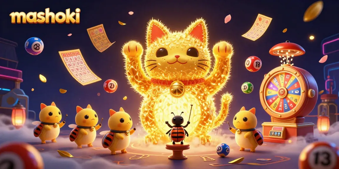 Mashoki, a giant lucky cat made of golden fireflies, amidst vibrant lottery elements and casino atmosphere.