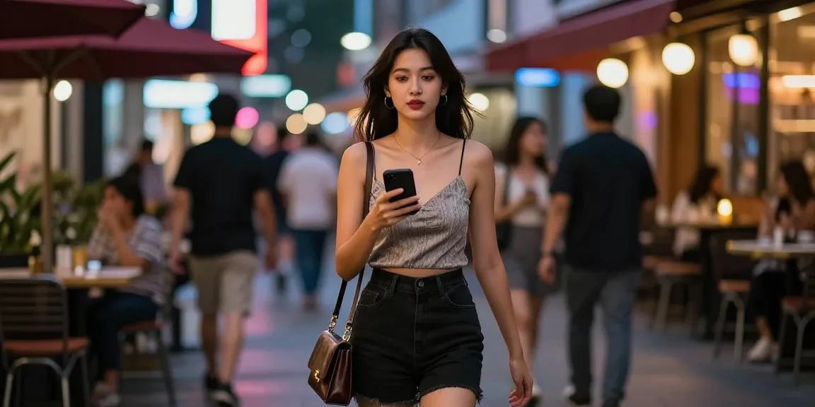 Gái gọi trong không gian thành phố sôi động, tỏa sáng dưới ánh đèn neon.