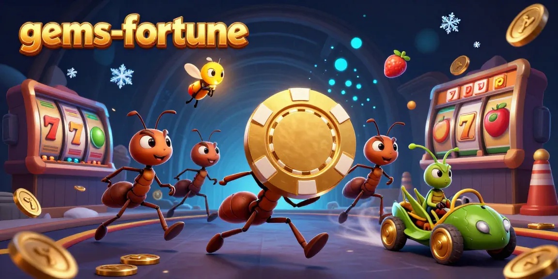 Experience the excitement of gems-fortune with cartoon ants in a heist carrying a golden poker chip in a gambling adventure.