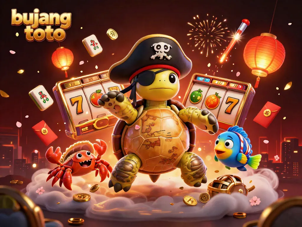 Experience the vibrant gameplay of bujang toto with a pirate turtle and friends celebrating jackpot wins.