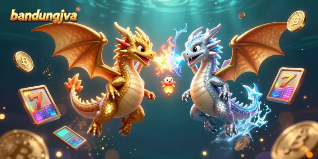 Experience the excitement of bandungjava with dragons and casino elements in a vibrant 3D illustration.