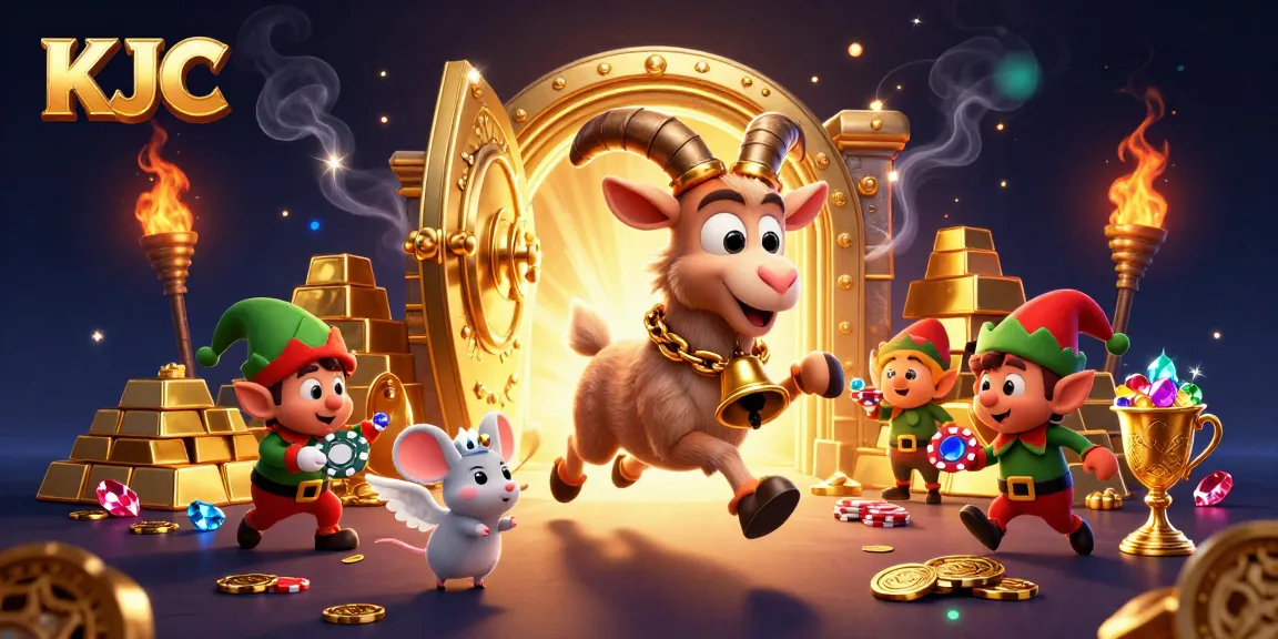 KJC casino scene with Krampus goat managing a festive setting filled with treasures and mischievous characters.