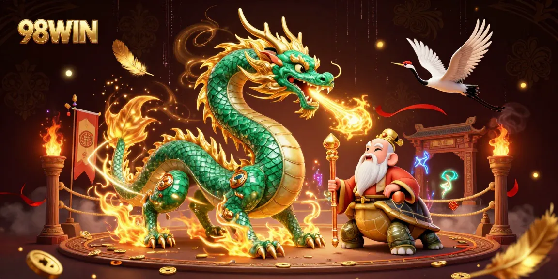Experience thrilling wins at 98WIN with a majestic jade dragon and lucky symbols in a vibrant casino atmosphere.