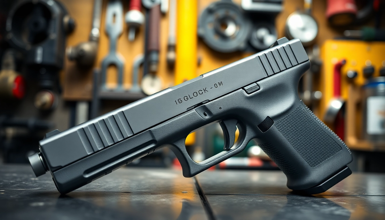 Examine a glock 19 slide oem displaying immaculate detail in a workshop setting.