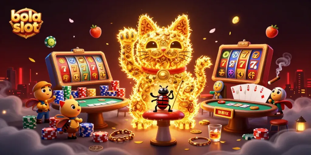 Engage with the vibrant bola slot world as shimmering fireflies create a lucky cat amidst dynamic casino elements.