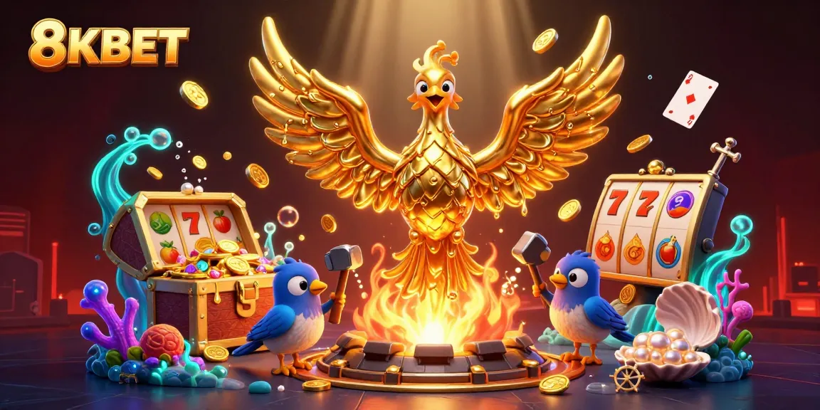 Engage with 8KBET's spectacular digital casino world illustrated in vibrant 3D art.