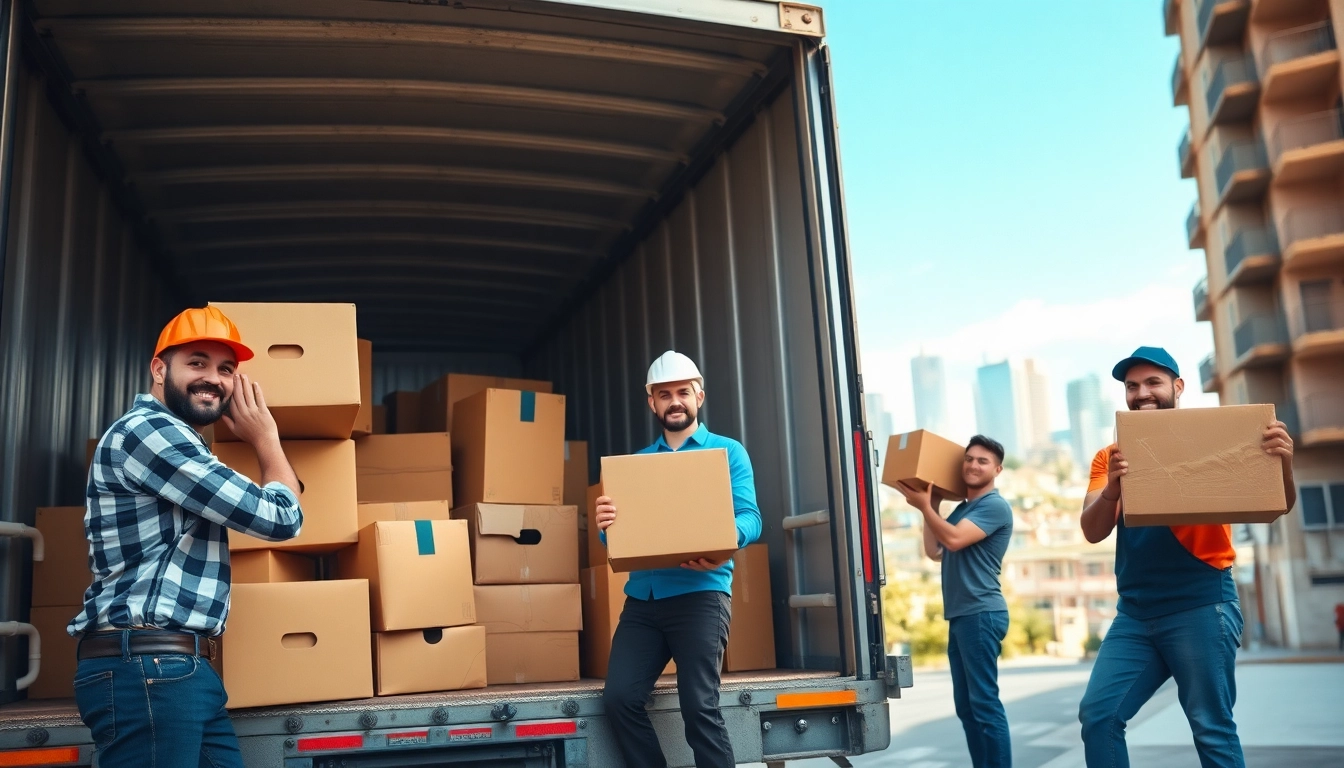 Hauling service professionals loading items into a truck in an urban environment