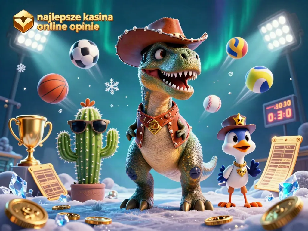 Engaging scene of a T-Rex and friends showcasing najlepsze kasyna online opinie with dynamic sports elements and casino symbols