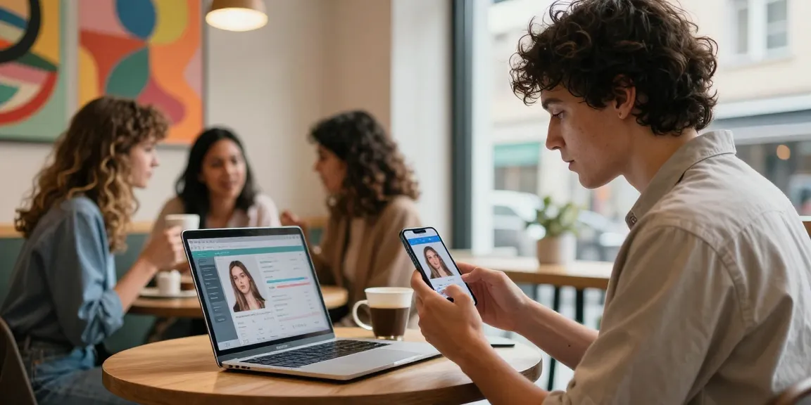 Young adult engaging with an attractive test app in a trendy café.