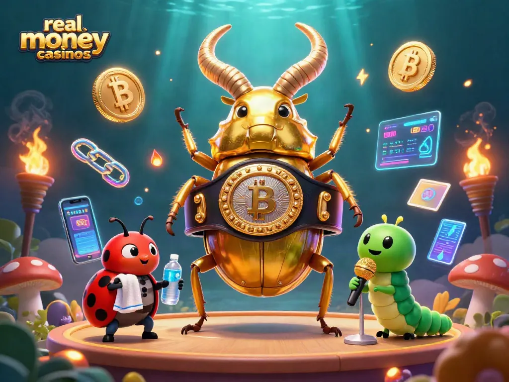 Experience the thrill of real money casinos with vibrant 3D illustrations featuring unique characters and coins.