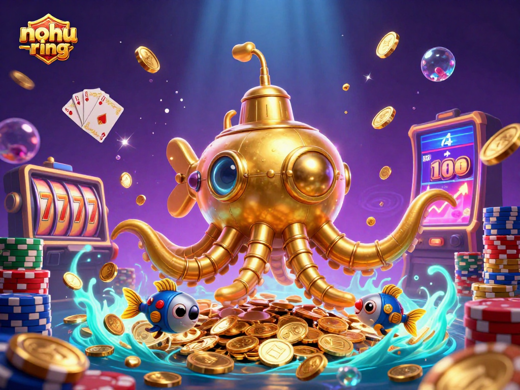 Nohur-ring showcases dynamic jackpot excitement with golden kraken submarine and slot machine reels.