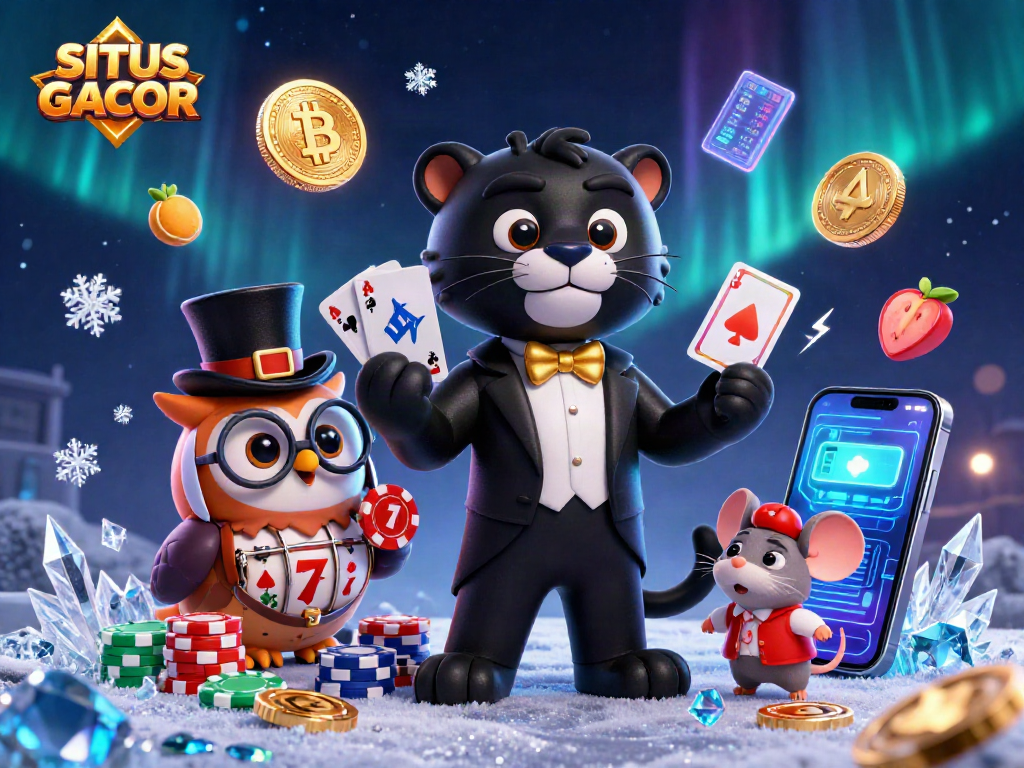 Engage with SITUS GACOR through lively casino excitement featuring a stylized panther, owl, and mouse.