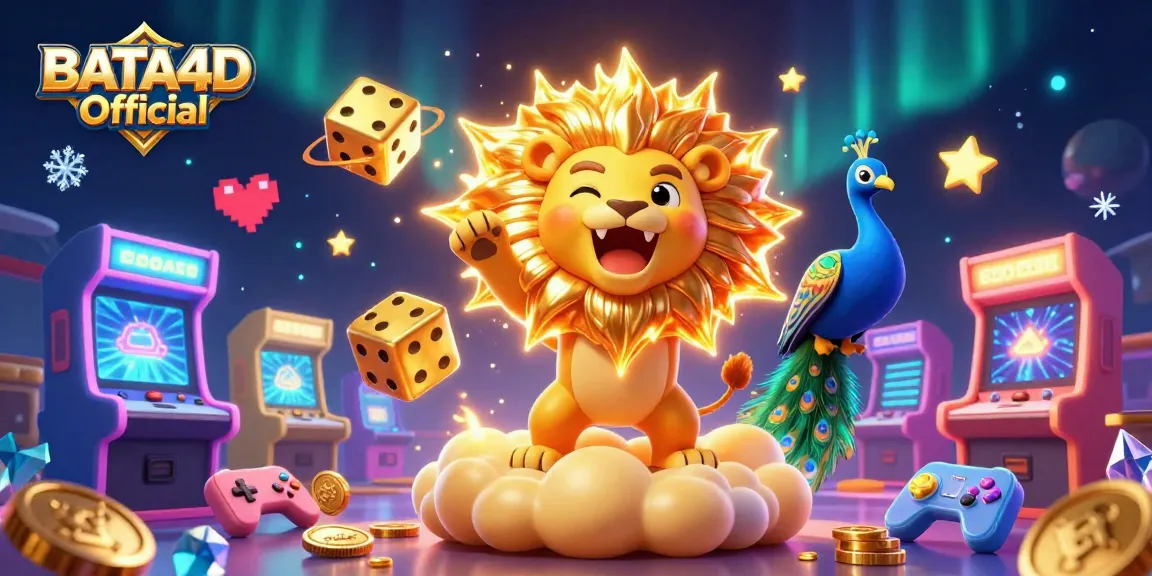 BATA4D Official showcases a vibrant 3D lion icon roaring amidst casino game excitement.