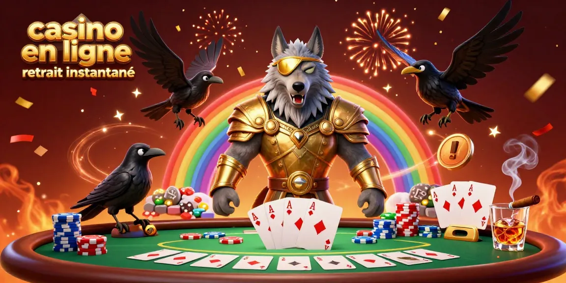 Illustration animée représentant "casino en ligne retrait instantané" avec un loup d'Odin et des éléments de poker.