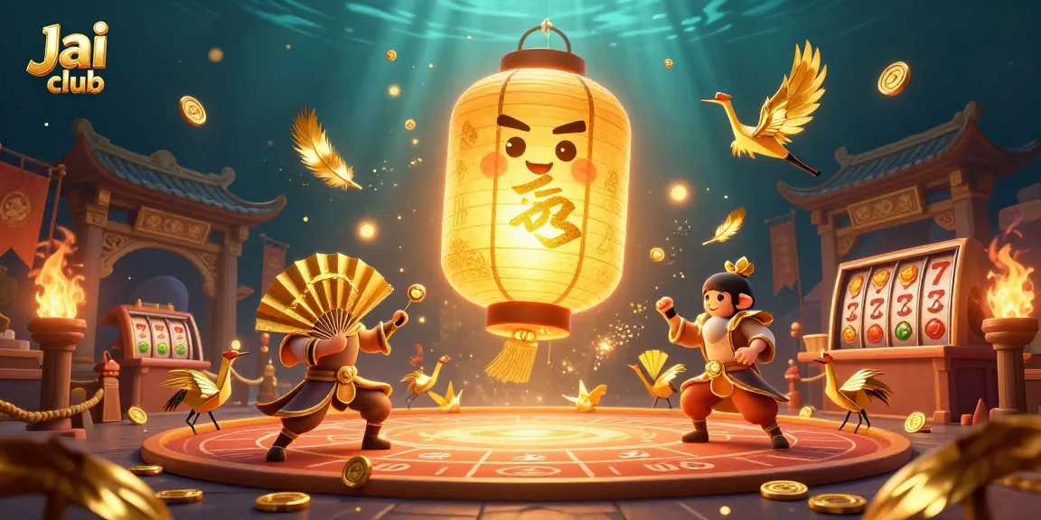 Experience thrilling gameplay with Jai club as a glowing lantern spirit leads a vibrant casino scene.