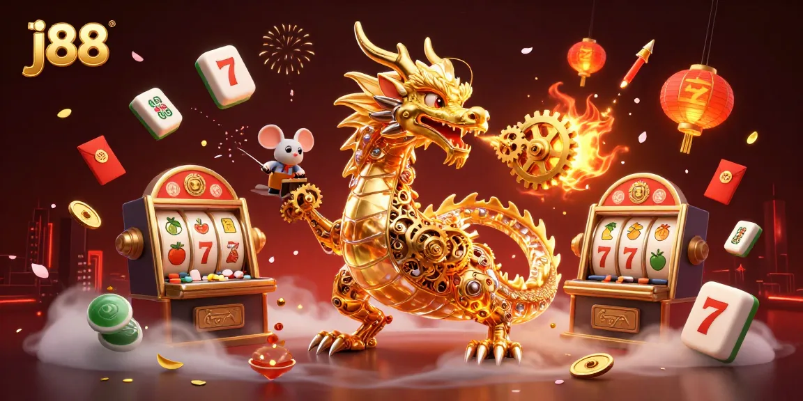 Experience thrilling slot action with j88 featuring a magical golden dragon and vibrant casino elements.