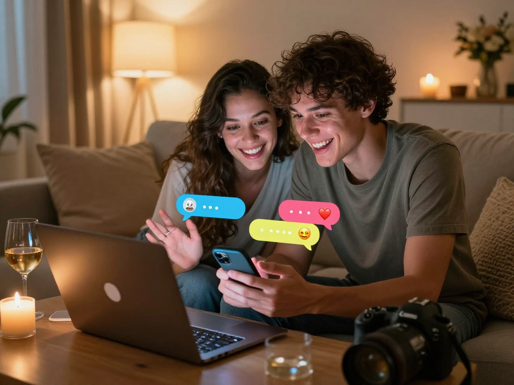 Engaging in sex chat in a cozy setting with romantic elements and lively text conversation.