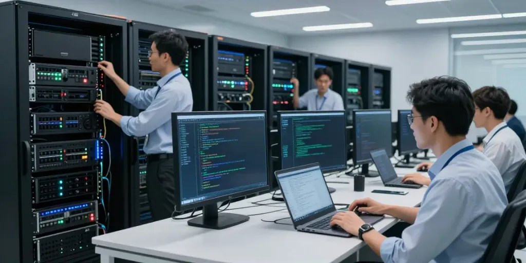 Engineers collaborating in a high-tech data center focused on AI inference systems.