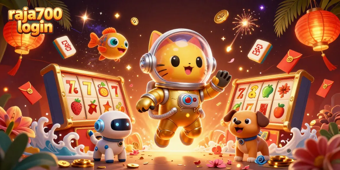 Mengakses raja700 login untuk permainan jackpot slot online dengan karakter kucing astronot 3D dan elemen kasino unik.