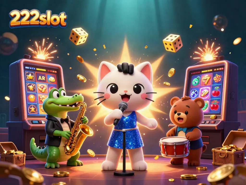 Gali jackpot besar di 222slot dengan kucing penyanyi dan teman-teman di panggung kasino.