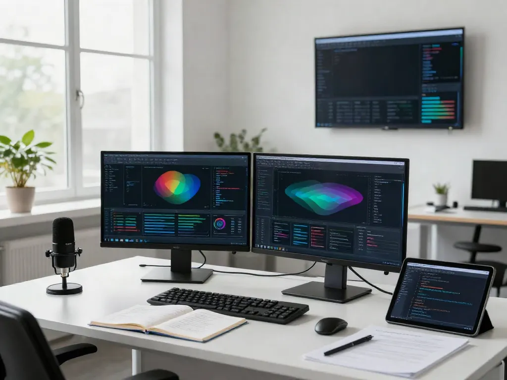 Data scientist using a dataset search tool in a modern workspace with dual monitors and project notes.