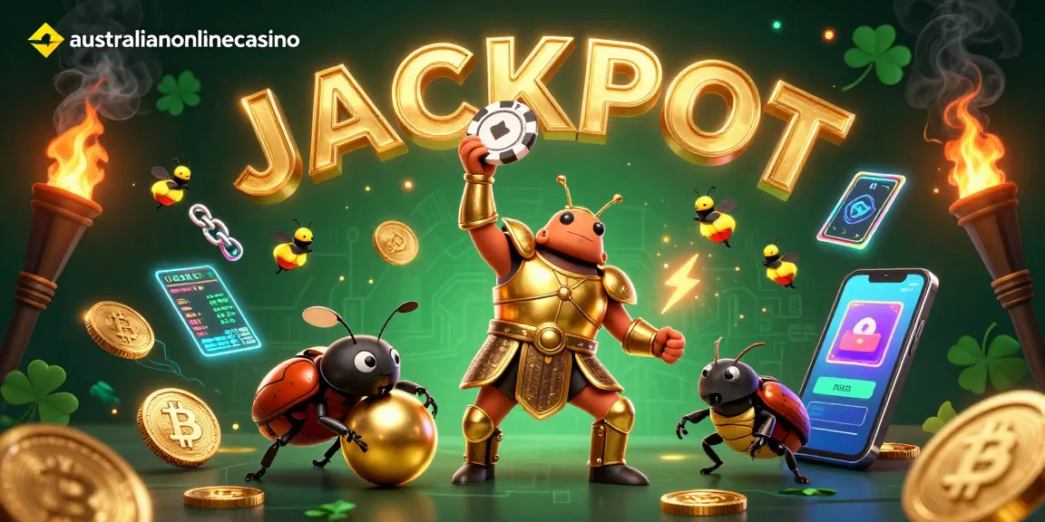 A triumphant australianonlinecasino hercules beetle lifts a poker chip with its dung beetle companion in a vibrant, dynamic jackpot scene.