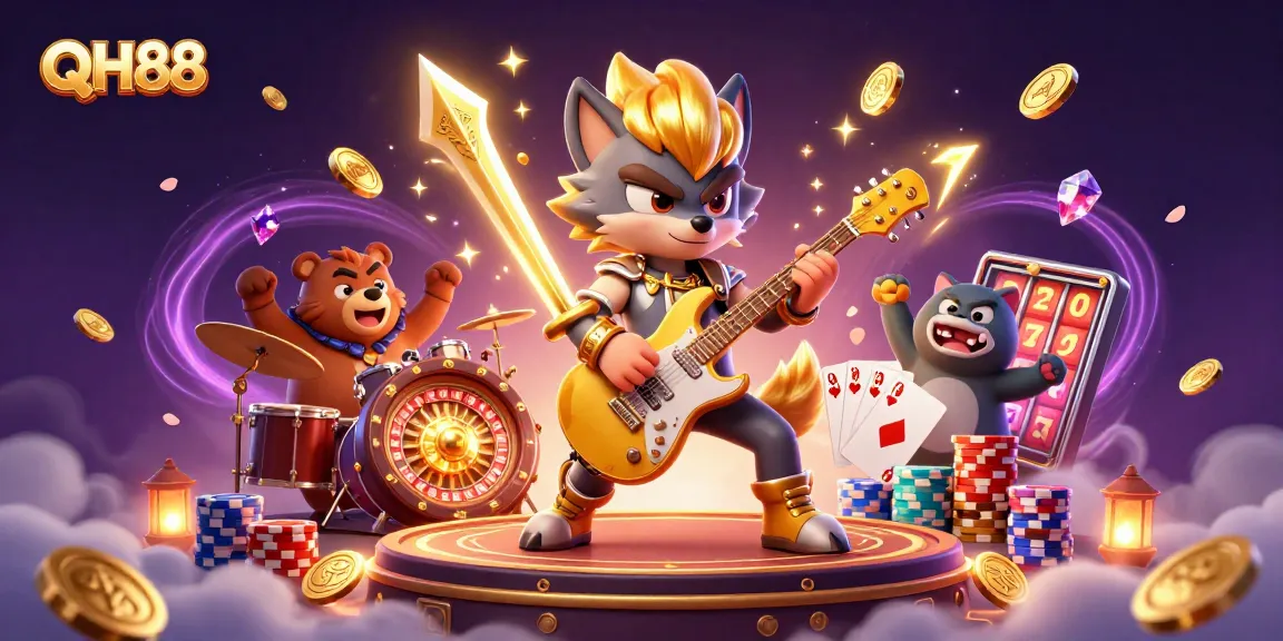 Engage in a thrilling gaming experience with QH88 as a rock star wolf plays an electric guitar on stage.