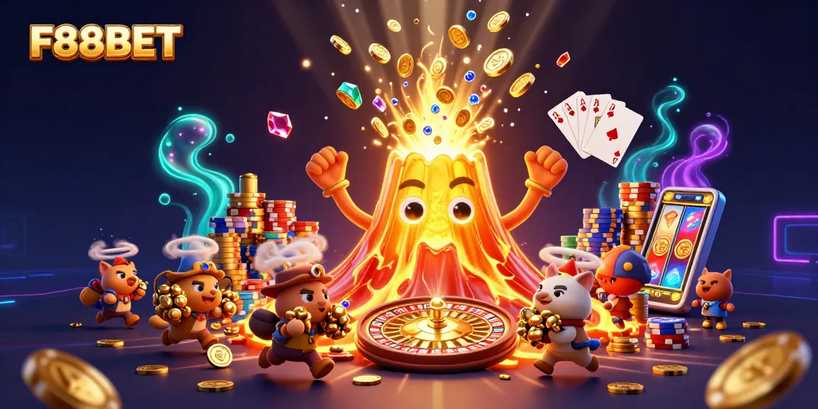 Experience thrilling adventures at F88BET with golden treasures erupting from a victorious volcano