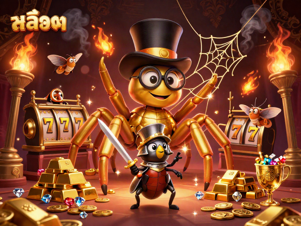 Engage with สล็อต through an enchanting scene of a golden tarantula and a brave knight amidst riches.