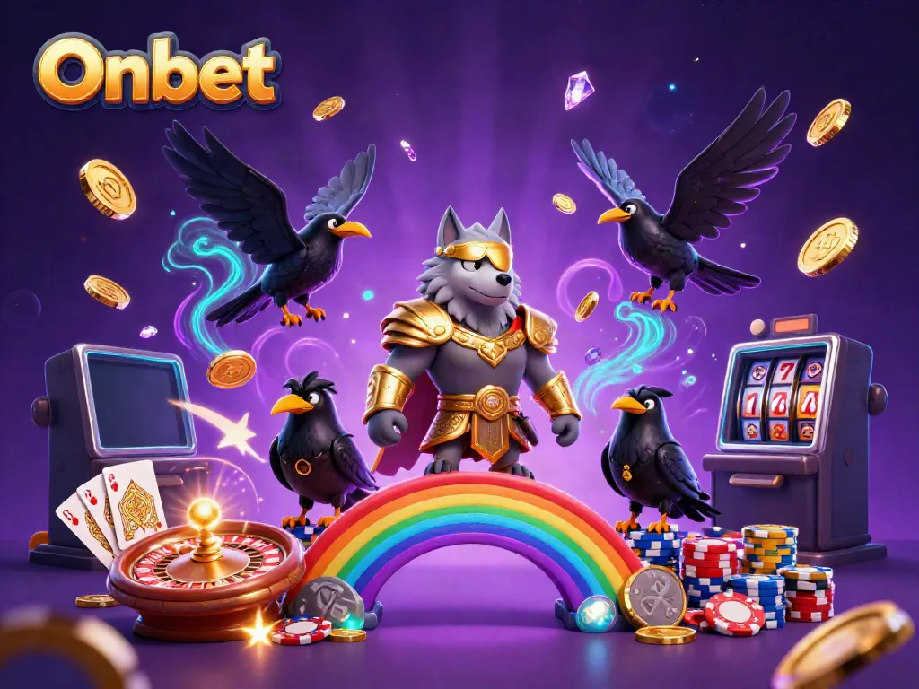 Experience the excitement of Onbet with Odin and his ravens amidst a colorful casino chips bridge and vibrant gameplay elements.
