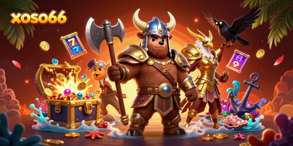Engage in vibrant xoso66 gaming adventures with a Viking berserker and Valkyrie eagle in a rich 3D illustration.