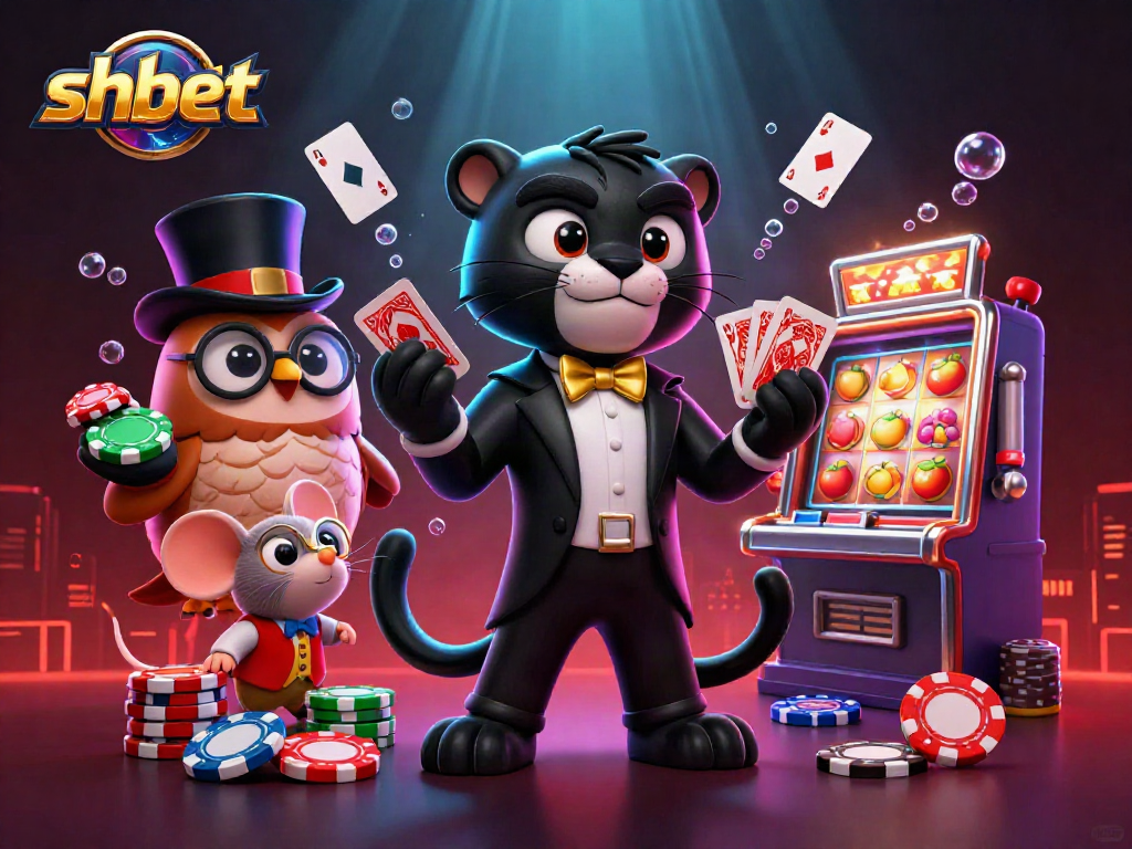 shbet showcases a stylish panther dealer among playful characters in a vibrant casino scene.