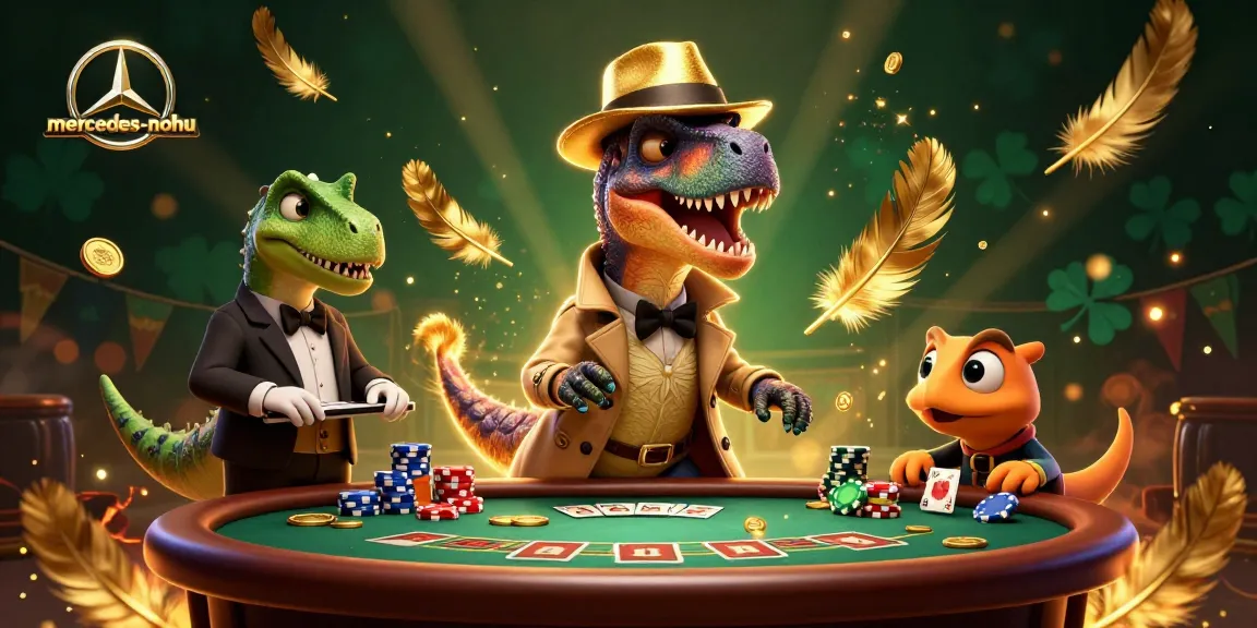 Engage in thrilling blackjack action with mercedes-nohu, featuring animated dinosaurs and casino excitement.