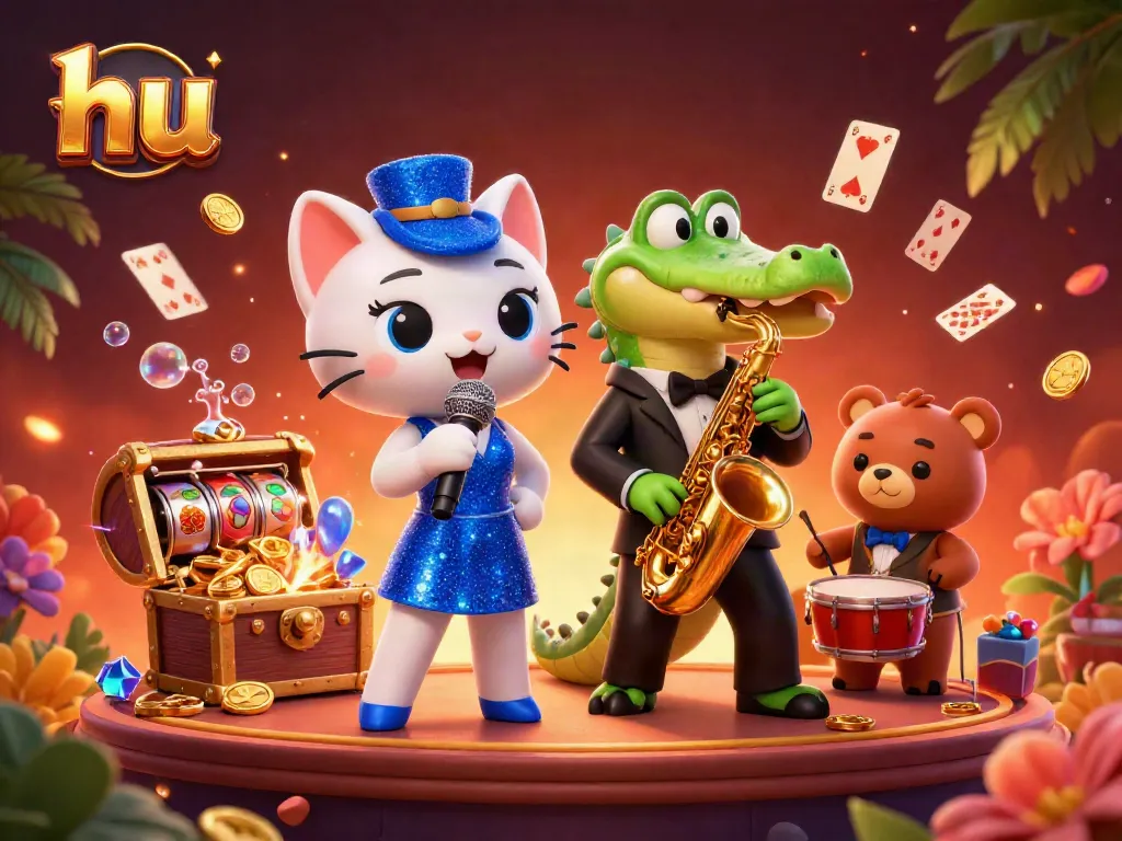 Win big at hu with vibrant characters and casino elements in a 3D cartoon scene.