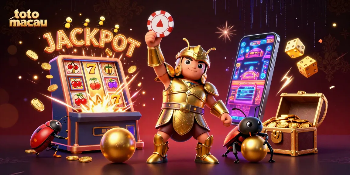 Toto Macau showcases a victorious beetle lifting a poker chip amidst a vibrant casino jackpot scene featuring coins and slot machines.