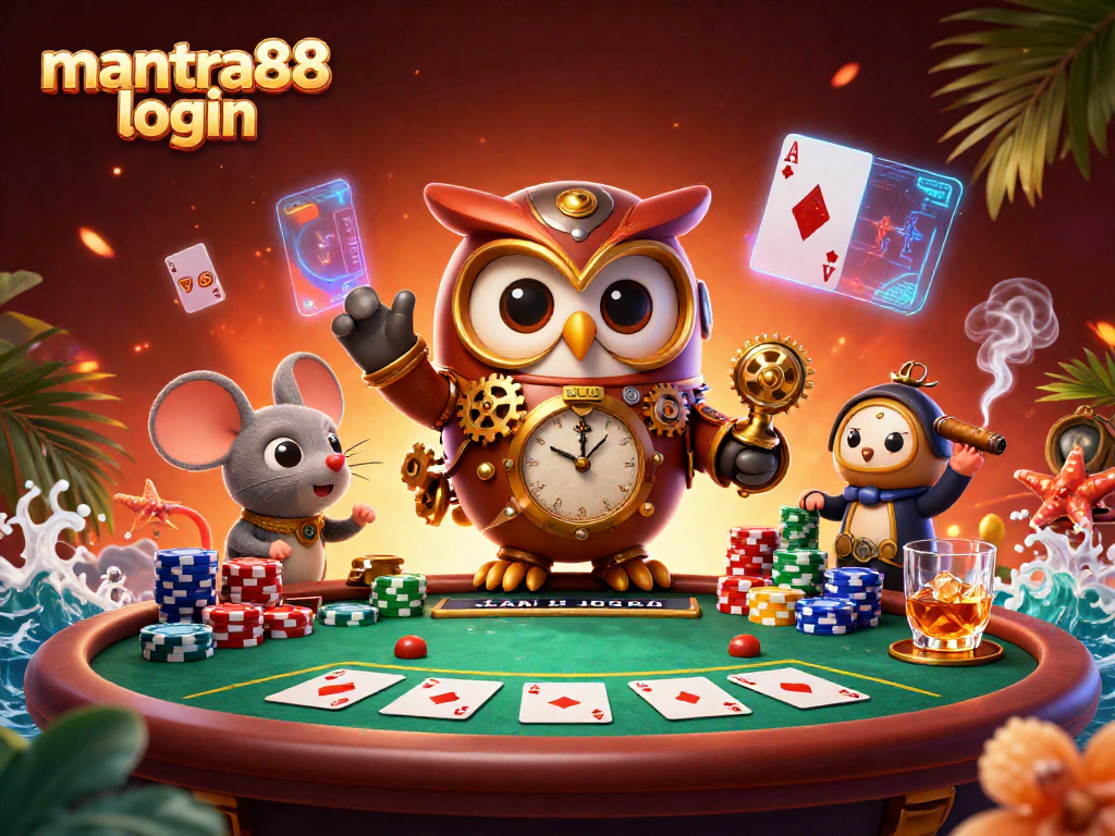 Engage in thrilling games at mantra88 login with this 3D digital casino scene filled with poker elements.