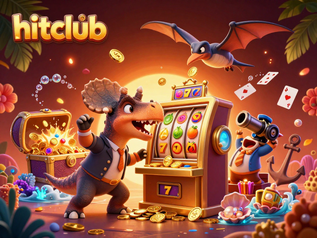 hitclub showcases a 3D dinosaur scene celebrating jackpot wins with dynamic slot machine visuals and gold coins.