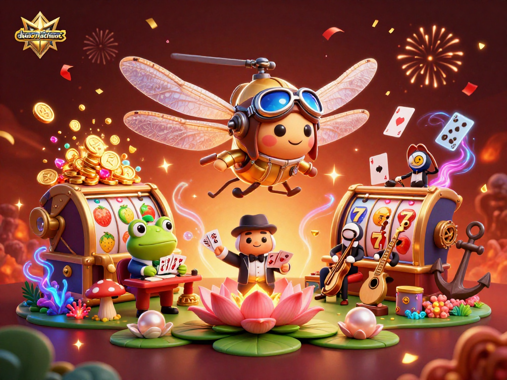 Experience duongmatchuoc in this vibrant 3D image with a dragonfly pilot, frog croupier, and jazz musicians in a lively casino setting.