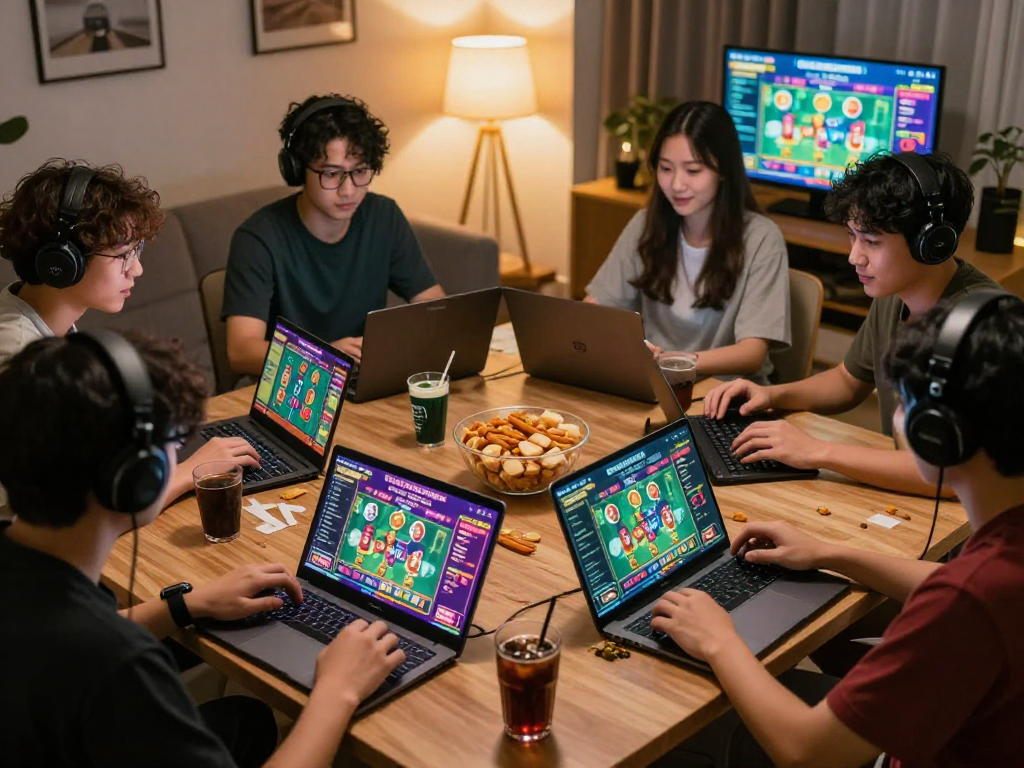 Dewatogel players strategizing together in a vibrant online gaming setup.