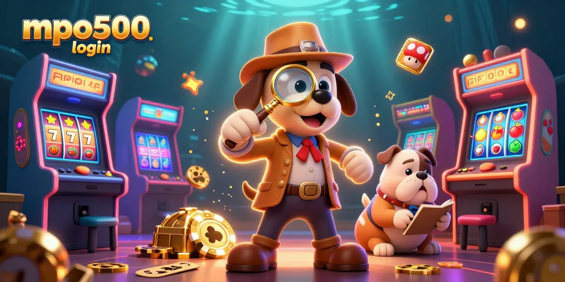 Join the fun with mpo500 login at an exciting casino scene featuring game clues and vibrant arcade elements.