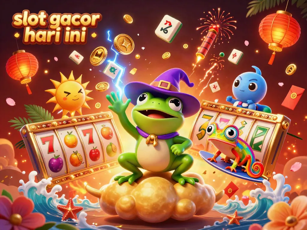 Experience winning moments with slot gacor hari ini in a vibrant 3D illustrated scene filled with gold coins and slots.