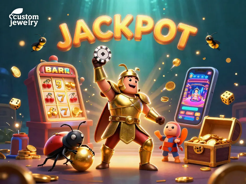 Engage in custom jewelry gaming triumphs with a victorious beetle lifting a chip amidst jackpot chaos.