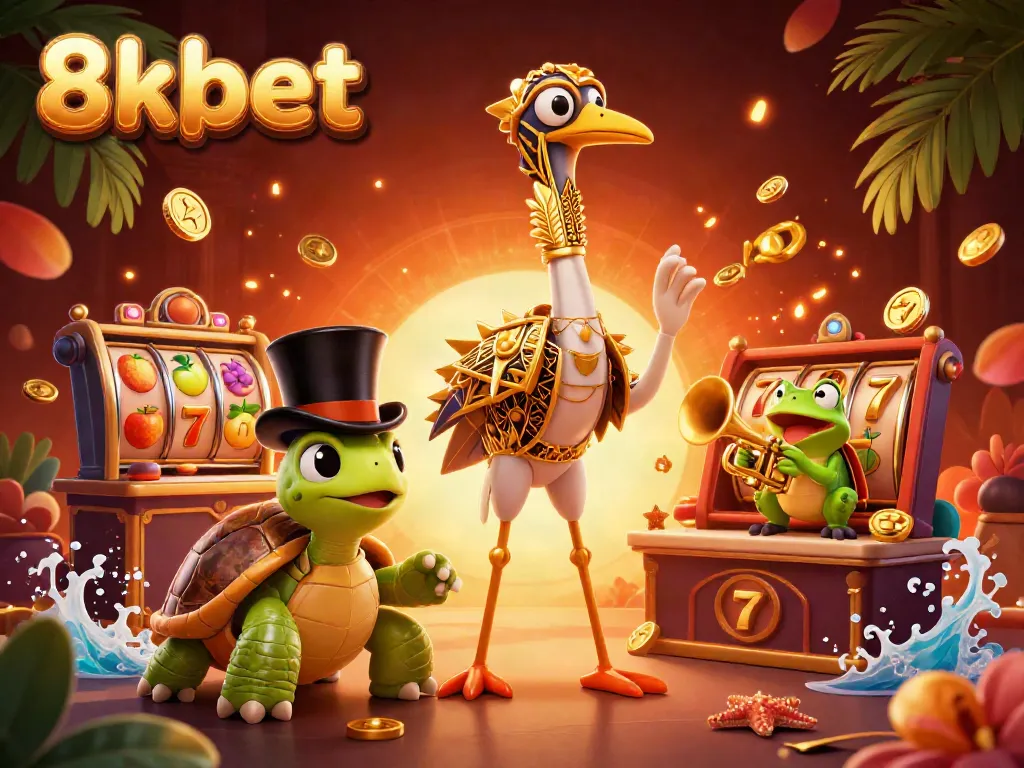 Experience dynamic casino action with 8xbet's 3D illustration of a vibrant gaming scene featuring characters and slot elements.