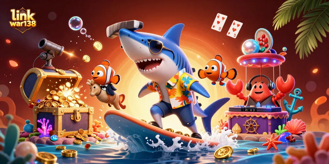 Experience thrilling wins at link war138 with a vibrant underwater casino adventure featuring a surfing shark!