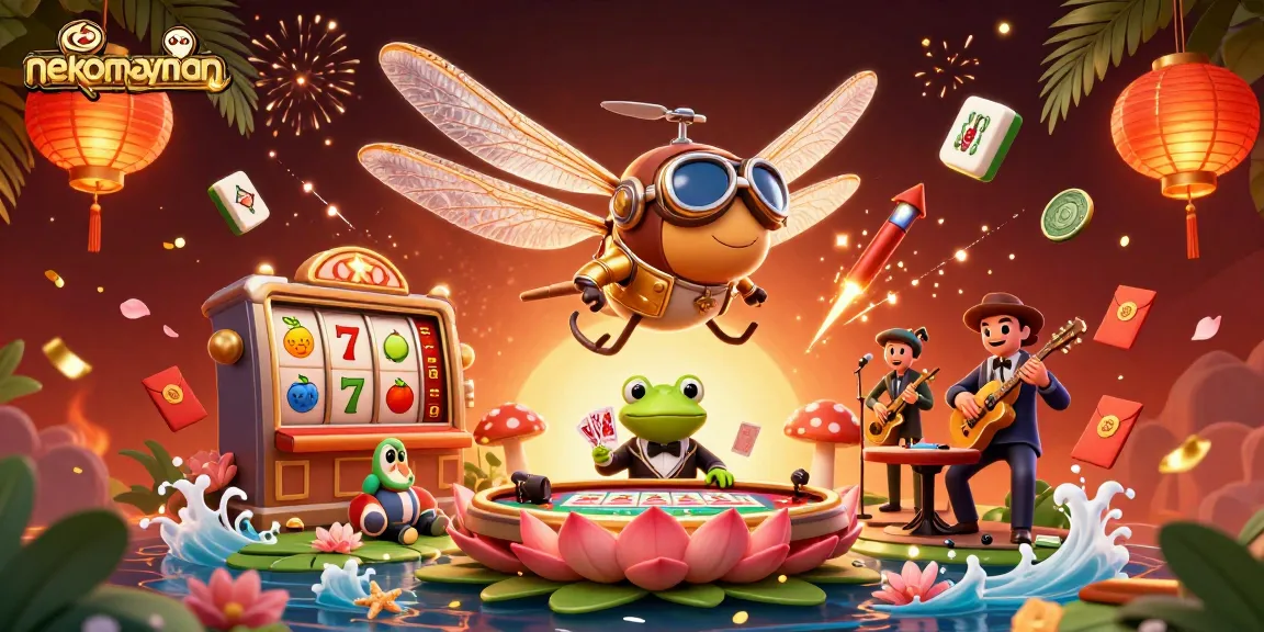Experience the excitement of nekomayman with slot reels and vibrant casino elements in a 3D illustration.